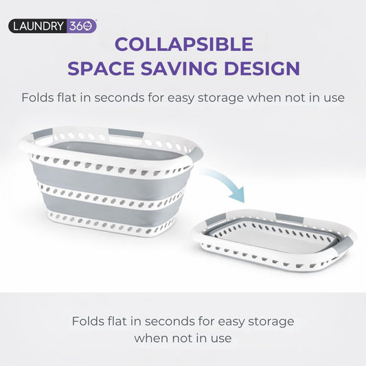 Laundry 360 Collapsible Laundry Basket 40L | Portable | Space Saver Storage | Hold 2 Loads | Store Under the Bed or Closet | Good for Kids | Dorm | Bedroom | Large | White/Grey