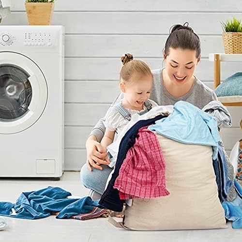 SweetNeedle Laundry Bag with Shoulder Strap, Pack of 2, 30 x 22 IN 40L - 100% Cotton, Highly durable, Draw-cord with cord-lock, Machine Wash and reusable Travel Bag - Natural