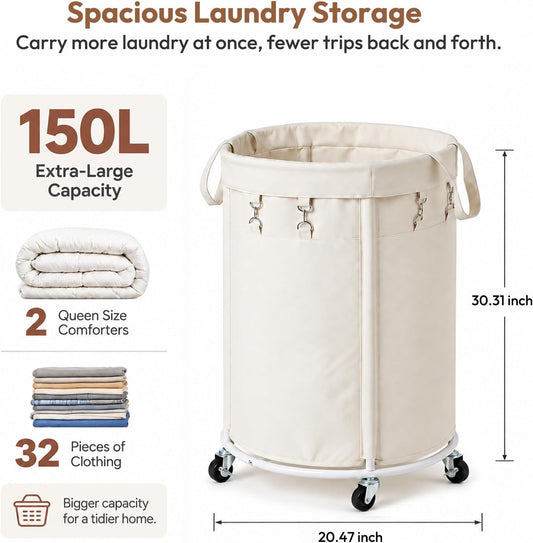 150L Large Capacity Rolling Laundry Basket Hamper with Wheels, Clothes hamper and Removable Bag for Home, Laundry Room, Bedroom, Bathroom, Apartment, Dorm