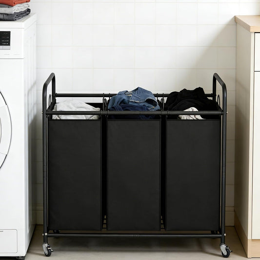 LINZINAR 3 Section Laundry Hamper Sorter, Black Laundry Basket with Wheels