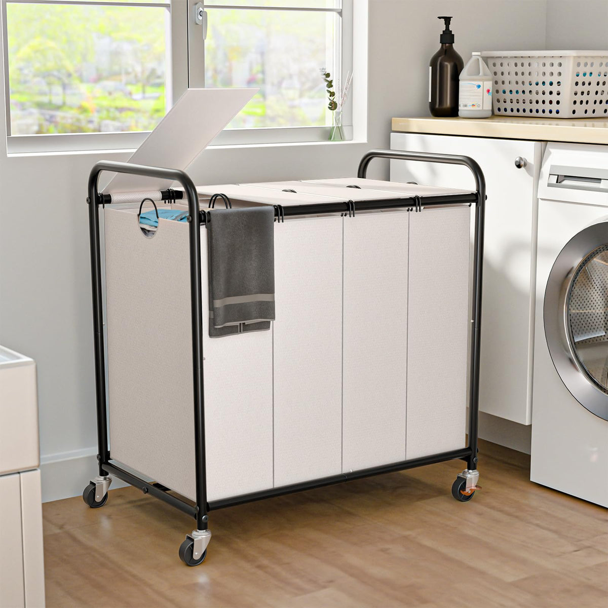 180L Laundry Sorter 3 Section, Rolling Laundry Basket with Wheels and Lid