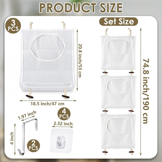 3Pcs Over the Door Hanging Laundry Hamper Mesh Bag 74.8 x 18.5in with Hooks