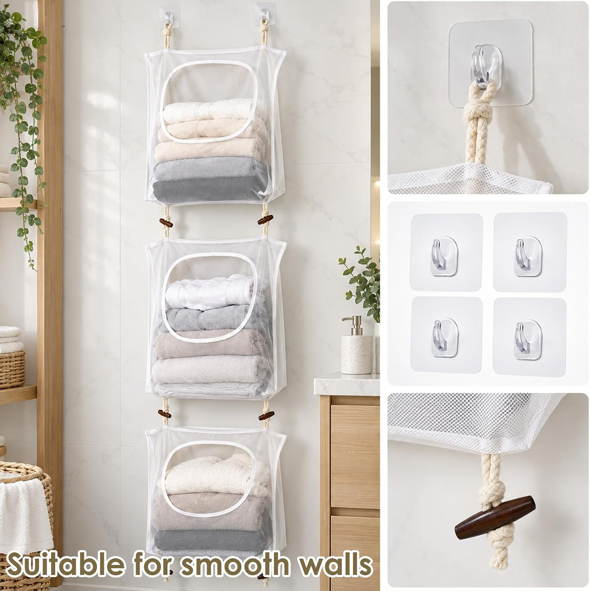 3Pcs Over the Door Hanging Laundry Hamper Mesh Bag 74.8 x 18.5in with Hooks