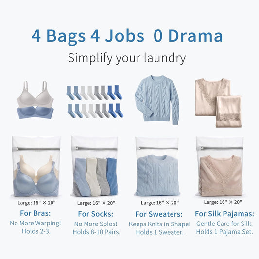 Muchfun 4Pcs Durable Fine Mesh Laundry Bags for Delicates 16 x 20 Inches