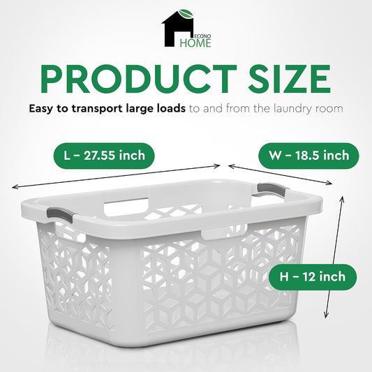 EconoHome Laundry Basket - Large 2 Bushel Laundry Basket with Handles - Stackable Plastic Hamper for Dirty Clothes - Storage Bin & Organizer for Bathroom, Bedroom - White, 70.5L Capacity – Heavy Duty