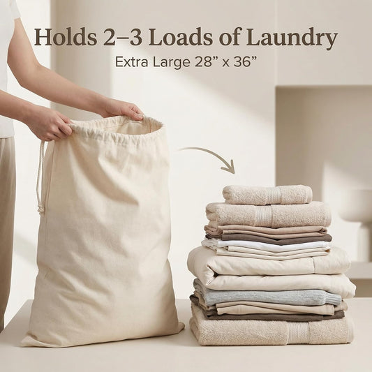 Urban Villa Laundry Bags 2-Pack 28”x36" Extra-Large Cotton Canvas Heavy Duty Washable Durable Travel Laundry Sacks with Drawstring Closure Reusable Hamper Liners for Dirty Clothes Delicates & Lingerie