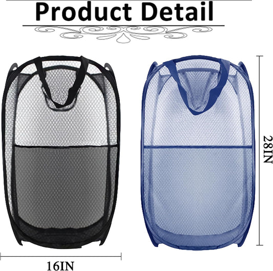 Collapsible Pop Up Laundry Hamper, Extra Large Mesh Foldable Laundry Basket Bag, 28" x 16" x 16", 2 Pack (Black + Blue)