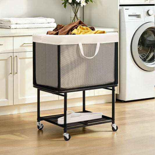 STO STO Rolling Laundry Hamper with Lockable Wheels, 29-Gallon (110L) Laundry Cart with Removable Canvas Bag, 2-Tier Clothes Basket Hamper with Shelf for Closet, Bedroom, Bathroom, Laundry Room, Beige