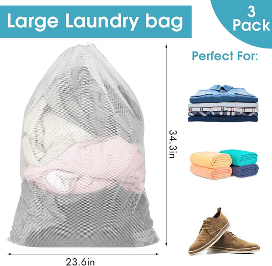 3 Pack Mesh Laundry Bags 23x34 Inch Drawstring Locking for Travel Home