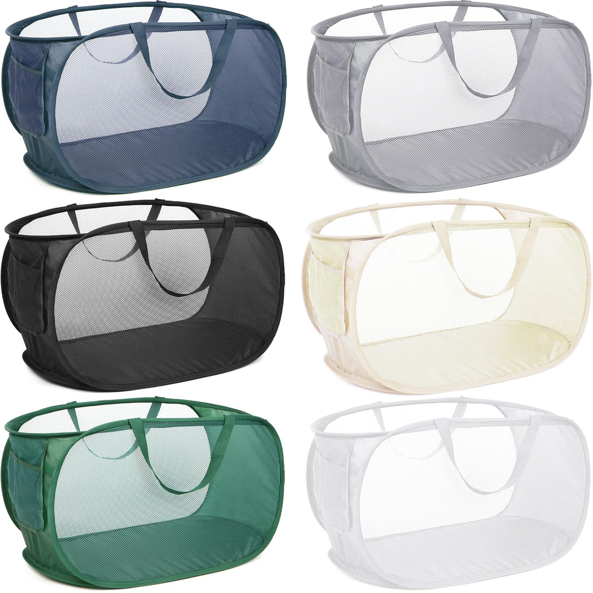 4 Pack Durable Collapsible Laundry Baskets, Mesh Foldable Laundry Basket, Pop Up Laundry Hamper with Pocket, Clothes Hamper with Reinforced Handles for Laundry, Bathroom, Kids Room, Dorm or Travel