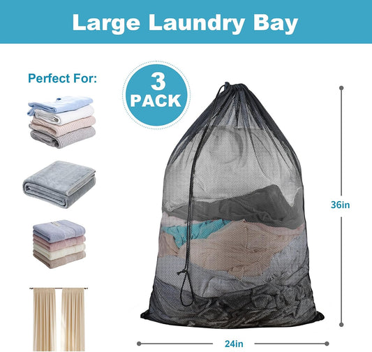 3 Pack Large Mesh Laundry Bag, 24 x 36 Inch Mesh Wash Bag with Drawstring Closure, Delicates Bag for Washing Machine - Perfect for College Dorms, Travel, Laundromats, Apartments (Black)