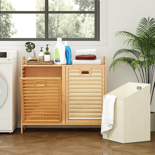 Giantex Bamboo Tilt Out Laundry Hamper Cabinet, Wicker Laundry Sorter