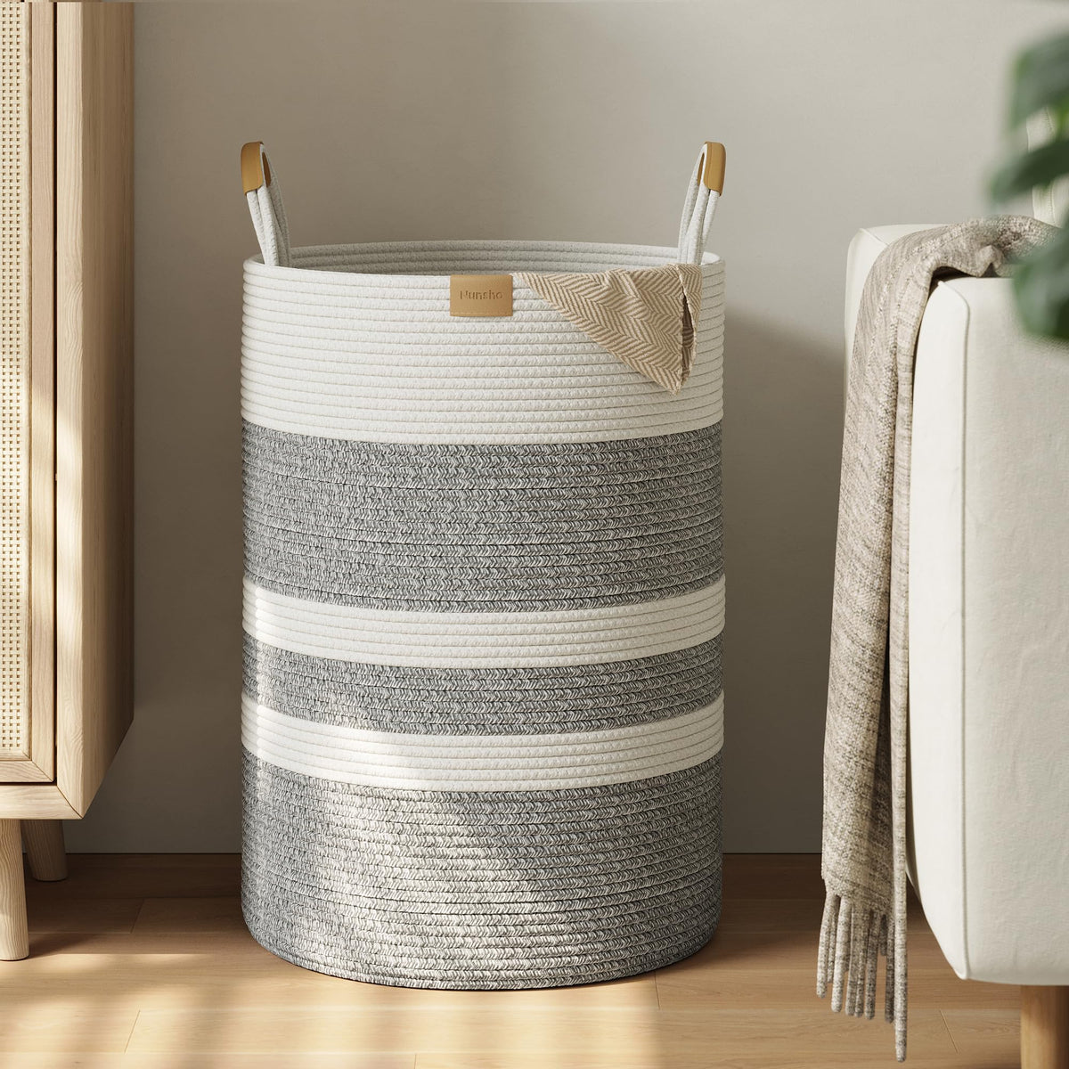 Nunsino 95L Striped Laundry Hamper with Leather Handles,Large Foldable Laundry Basket for Clothes,Cotton Rope Storage Bin for Blankets,Woven Clothes Basket for Bedroom,Dark Brown Stripes