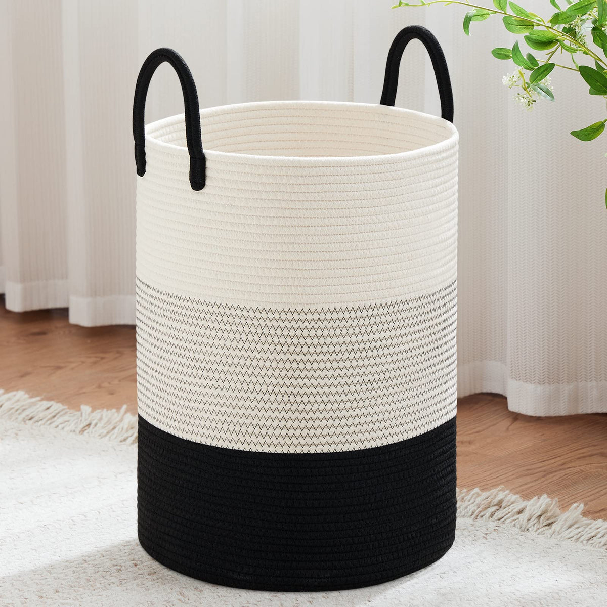 VIPOSCO 58L Tall Woven Laundry Basket Hamper, White Brown