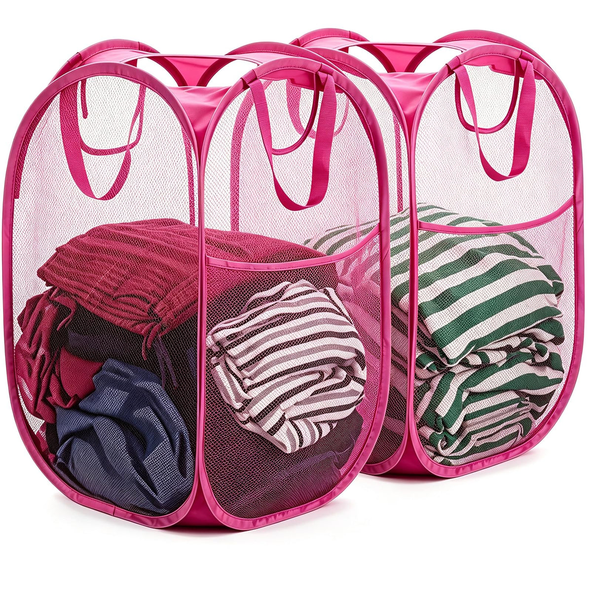 HOUSE AGAIN 2 Pack Strong Mesh Pop Up Laundry Hamper, 70L Collapsible Laundry Basket with Steel Frame, Double‑Stitched Handles & Side Pocket, Foldable Dirty Clothes Hamper for Dorm, Bedroom, Black
