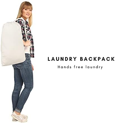 SweetNeedle Laundry Bag with Shoulder Strap, Pack of 2, 30 x 22 IN 40L - 100% Cotton, Highly durable, Draw-cord with cord-lock, Machine Wash and reusable Travel Bag - Natural