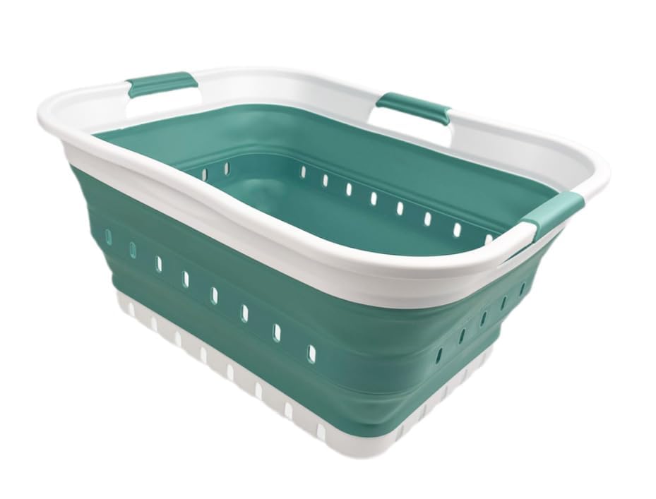 SAMMART 42L (11 gallon) Collapsible Plastic Laundry Basket - Foldable Pop Up Storage Container/Organizer - Space Saving Hamper/Basket (1, White/Grey)