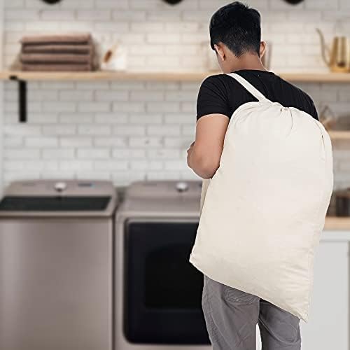SweetNeedle Laundry Bag with Shoulder Strap, Pack of 2, 30 x 22 IN 40L - 100% Cotton, Highly durable, Draw-cord with cord-lock, Machine Wash and reusable Travel Bag - Natural
