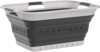 SAMMART 42L (11 gallon) Collapsible Plastic Laundry Basket - Foldable Pop Up Storage Container/Organizer - Space Saving Hamper/Basket (1, White/Grey)