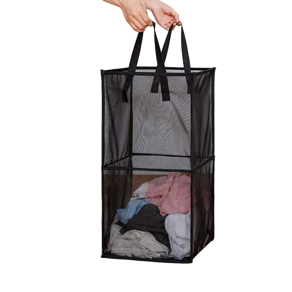 HONOMA Laundry Bags Hamper Bag with Handles,Portable &Collapsible Dirty Clothes Mesh Basket Foldable for Washing Storage, Kids Room,Dorm or Travel (Black, Single-Layer)