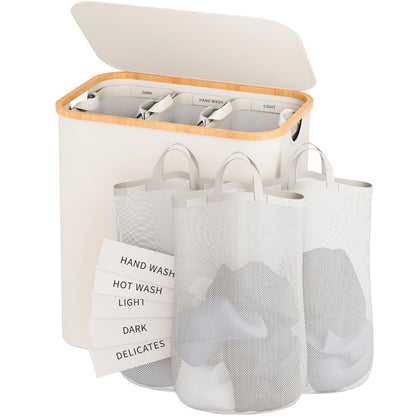 160L Laundry Hamper with Lid, 3 Section Laundry Basket with 3 Removable Bag
