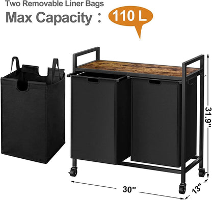 WOWLIVE Double Laundry Hamper with Wheels, Rolling Laundry Basket Organizer