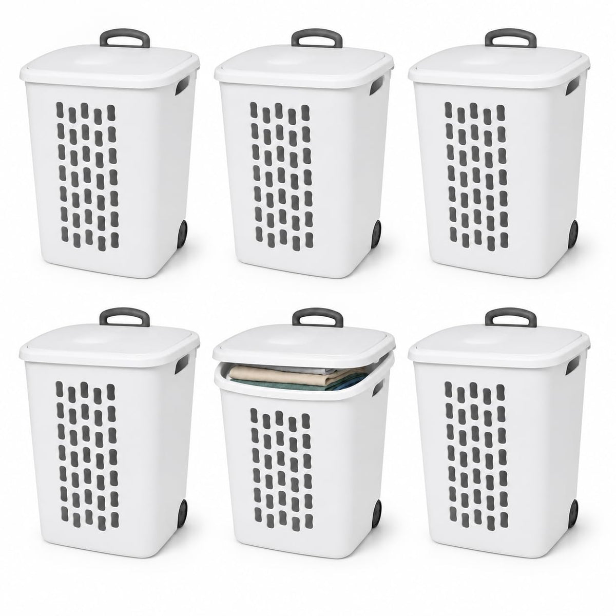 Sterilite Ultra Wheeled Hamper, Laundry Basket w/ Flip-Top Lid, 3-Pack, White
