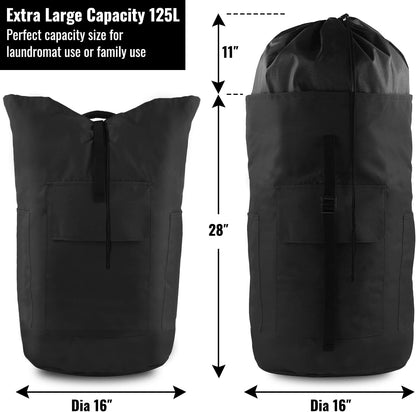 Laundry Bag Backpack 125L Extra Large, Heavy Duty 900D Coated Oxford Fabric, 3 Pockets Durable Travel Laundry Bags with Soft Padded Shoulder Straps for College Dorm, Apartment, Laundromat (Black)
