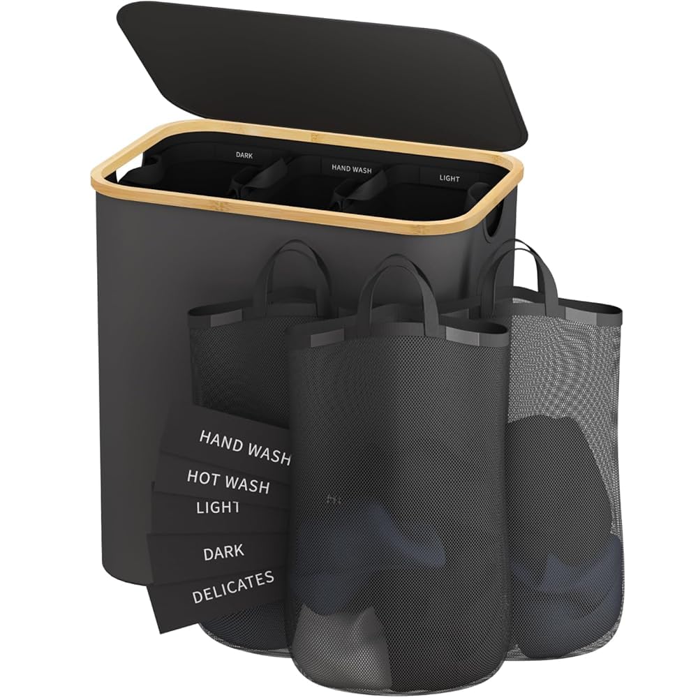 160L Laundry Hamper with Lid, 3 Section Laundry Basket with 3 Removable Bag