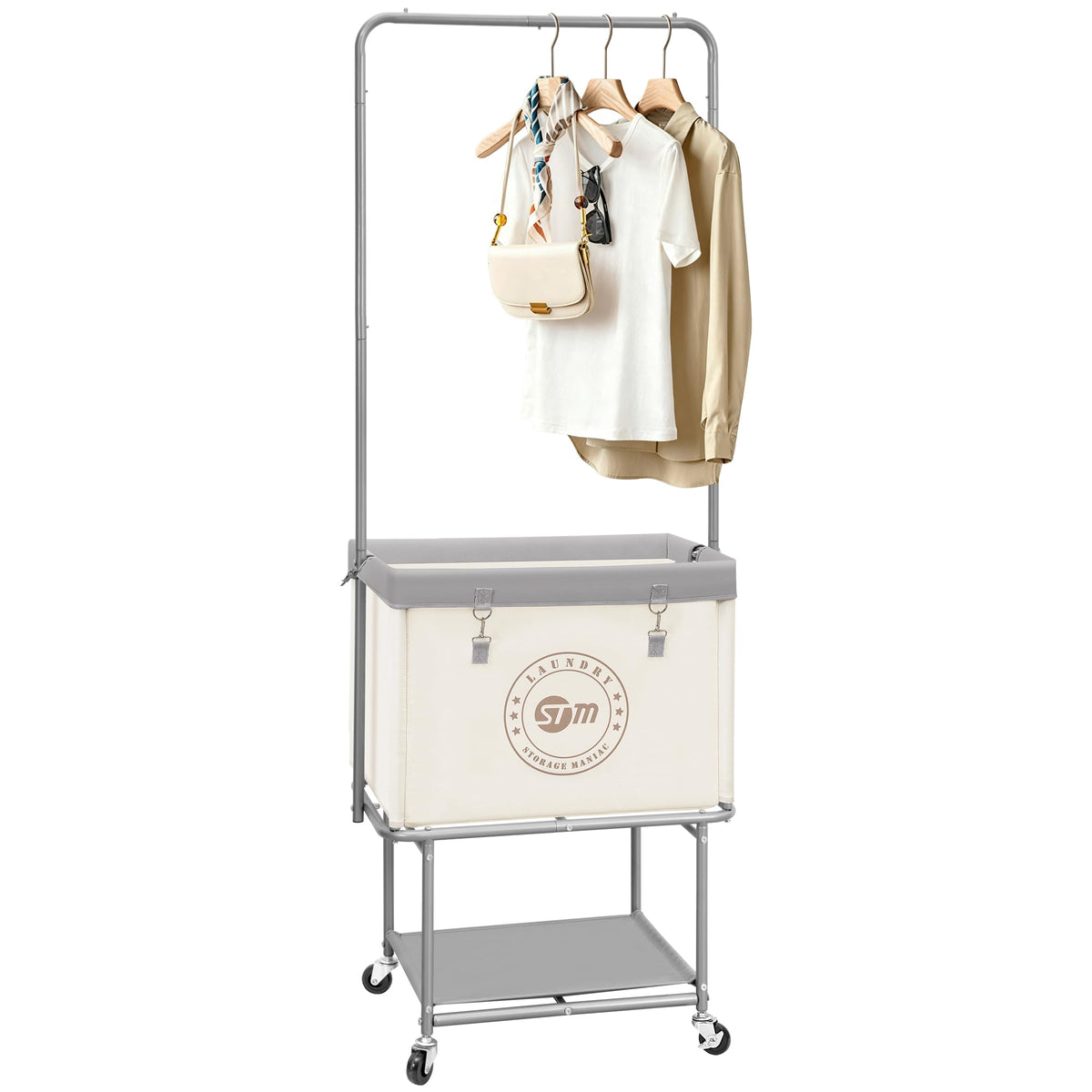 STORAGE MANIAC Rolling Laundry Cart with Hanging Bar & Storage Shelf, Beige