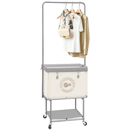 STORAGE MANIAC Rolling Laundry Cart with Hanging Bar & Storage Shelf, Beige