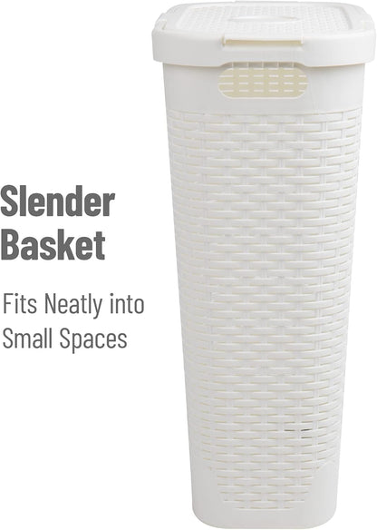 Mind Reader Slim Laundry Hamper with Lid, 40L Clothes Basket, Narrow Tapered Design with Ventilated Cutout Pattern, Plastic, White