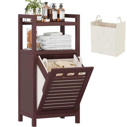 Homykic Bamboo Double Tilt Out Laundry Hamper Cabinet with 2 Bags, Black