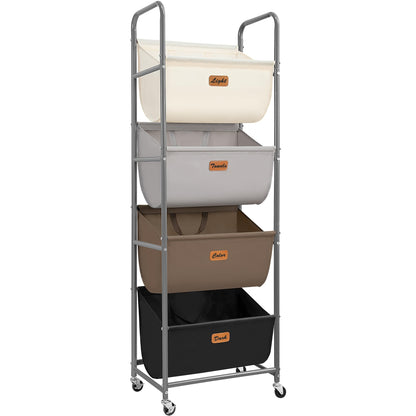 STORAGE MANIAC Vertical Rolling Laundry Hamper, 4 Section Laundry Sorter with Wheels and 2 Breaks, 4-tier Laundry Baskets for Small Space, Dorm, Laundry Room, Closet, Bathroom, Gray 4-tier