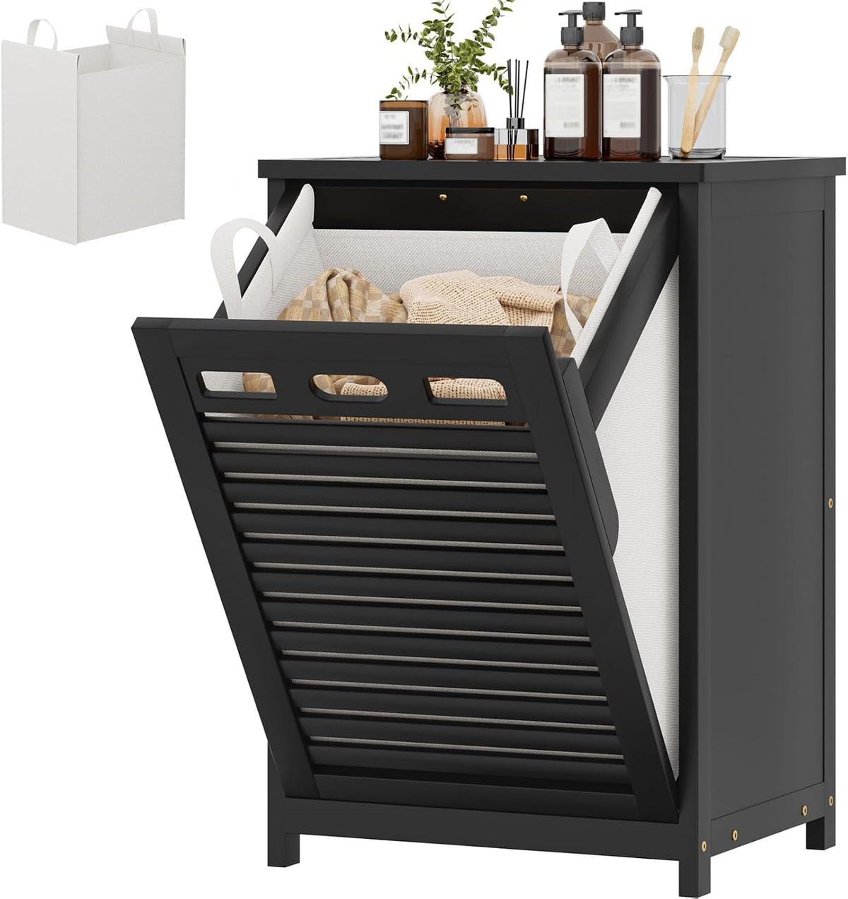 Bamboo Tilt Out Laundry Hamper Cabinet with 15.5 Gal Removable Bag, Black