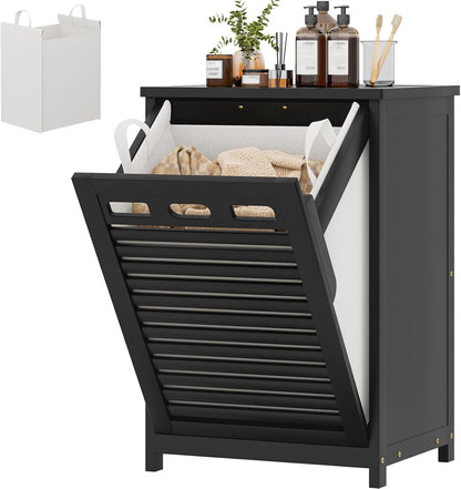Bamboo Tilt Out Laundry Hamper Cabinet with 15.5 Gal Removable Bag, Black