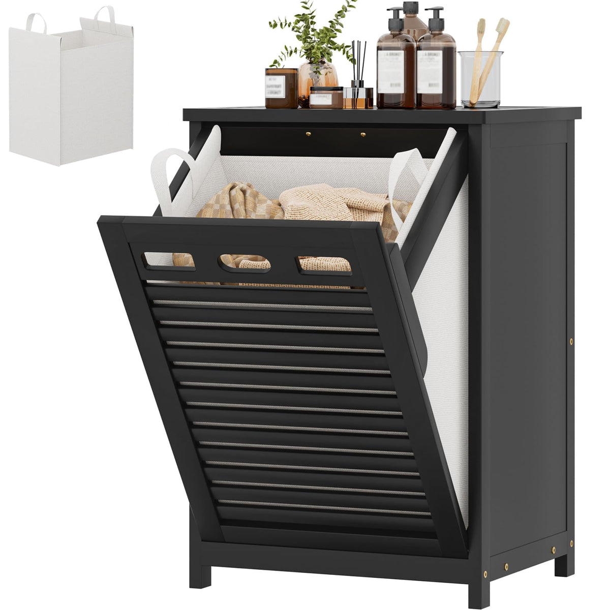 Bamboo Tilt Out Laundry Hamper Cabinet with 15.5 Gal Removable Bag, Black
