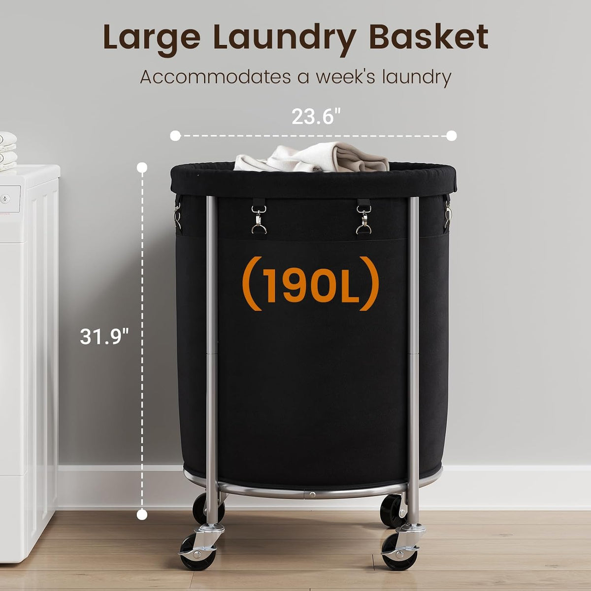 ELYKEN Laundry Basket with Wheels, Round Rolling Laundry Hamper, Black