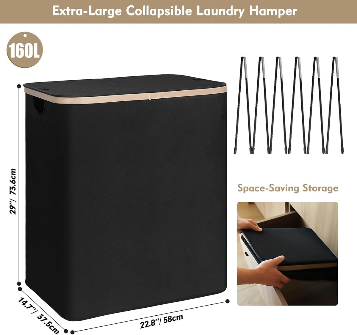 DOKEHOM 160L Double Laundry Basket Hamper with Lid & Removable Bags, Black