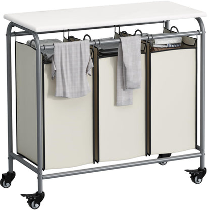 LINZINAR 3 Section Laundry Hamper Sorter, Black Laundry Basket with Wheels