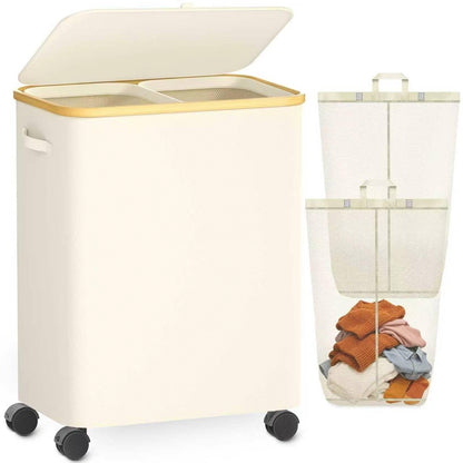 Double Laundry Basket with Wheels and Lid, 150L Clothes Hampers for Laundry