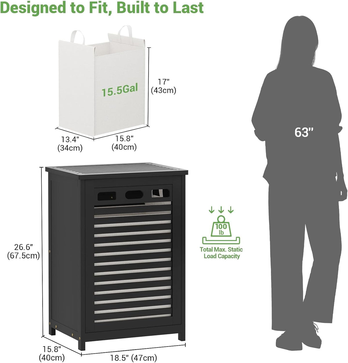 Bamboo Tilt Out Laundry Hamper Cabinet with 15.5 Gal Removable Bag, Black