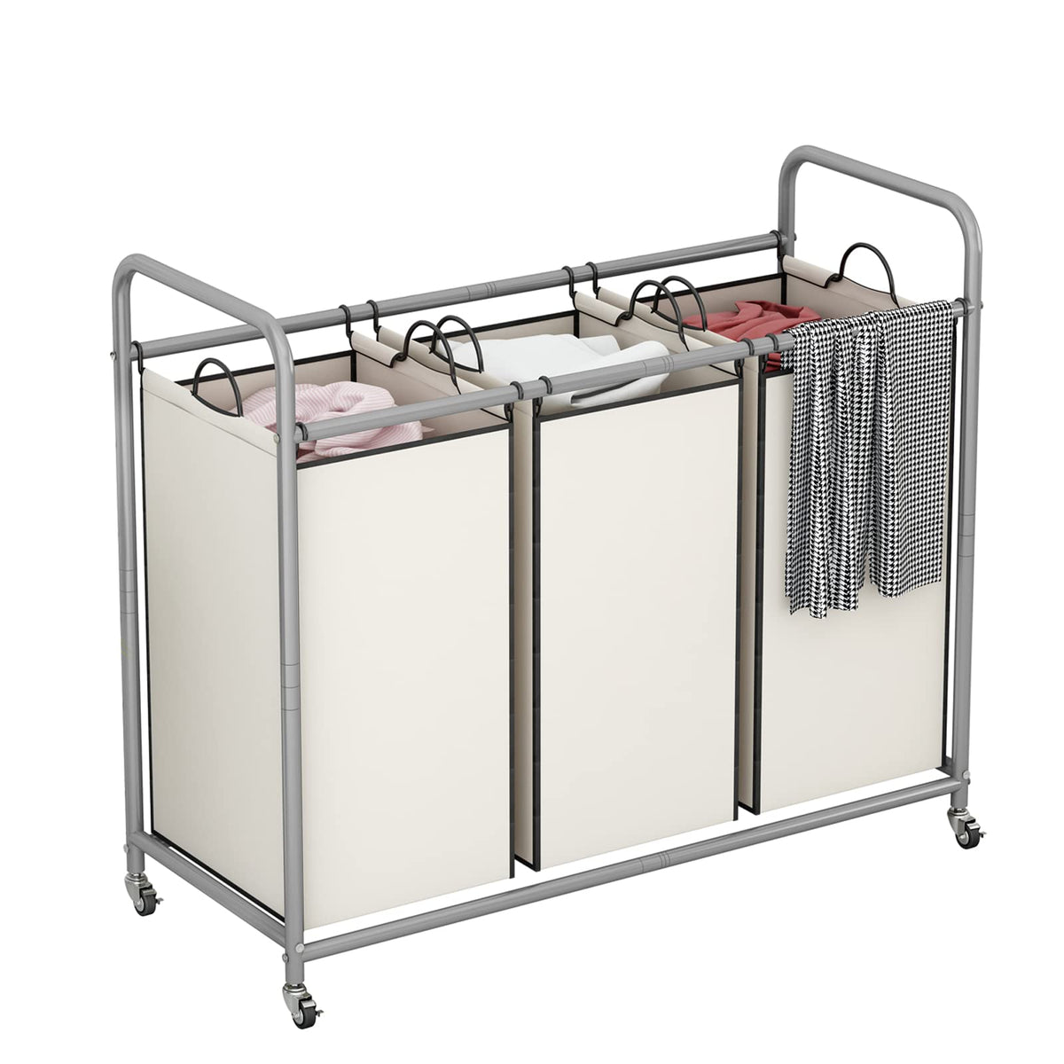 LINZINAR 3 Section Laundry Hamper Sorter, Black Laundry Basket with Wheels