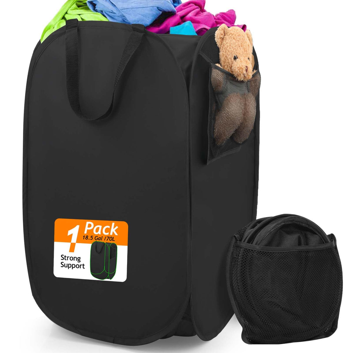 HOUSE AGAIN 2 Pack Strong Mesh Pop Up Laundry Hamper, 70L Collapsible Laundry Basket with Steel Frame, Double‑Stitched Handles & Side Pocket, Foldable Dirty Clothes Hamper for Dorm, Bedroom, Black