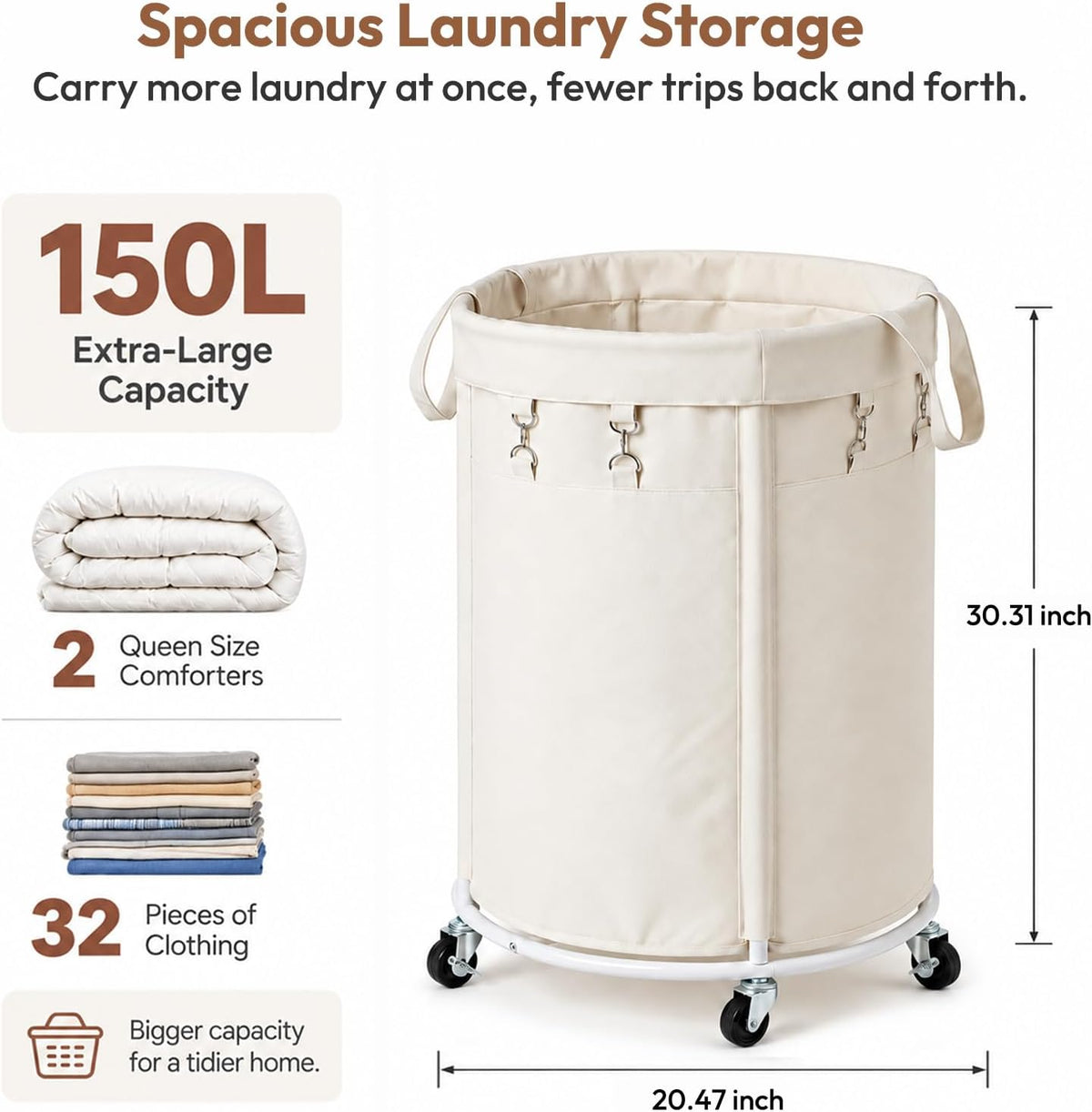 150L Large Capacity Rolling Laundry Basket Hamper with Wheels, Clothes hamper and Removable Bag for Home, Laundry Room, Bedroom, Bathroom, Apartment, Dorm