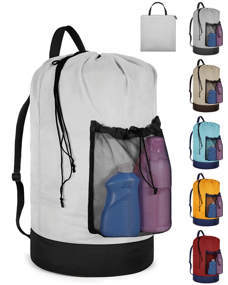 Laundry Bag with Shoulder Straps and Mesh Pocket Laundry Backpack Large Portable Laundry Hamper for College Travel, Laundromat, Apartment (Black)