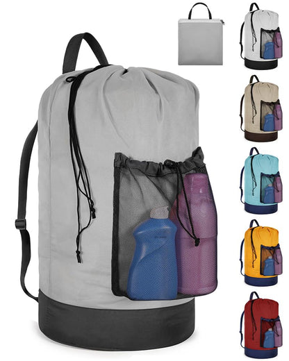 Laundry Bag with Shoulder Straps and Mesh Pocket Laundry Backpack Large Portable Laundry Hamper for College Travel, Laundromat, Apartment (Black)