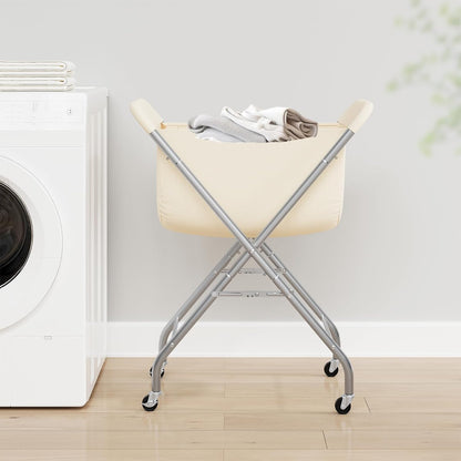 ELYKEN Laundry Basket with Wheels, Collapsible Laundry Hamper, Cream