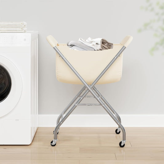 ELYKEN Laundry Basket with Wheels, Collapsible Laundry Hamper, Cream