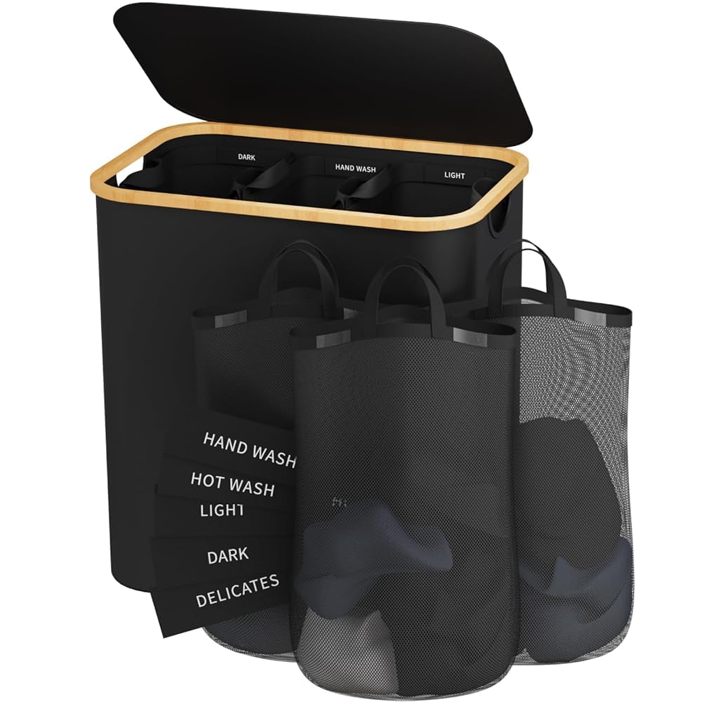 160L Laundry Hamper with Lid, 3 Section Laundry Basket with 3 Removable Bag